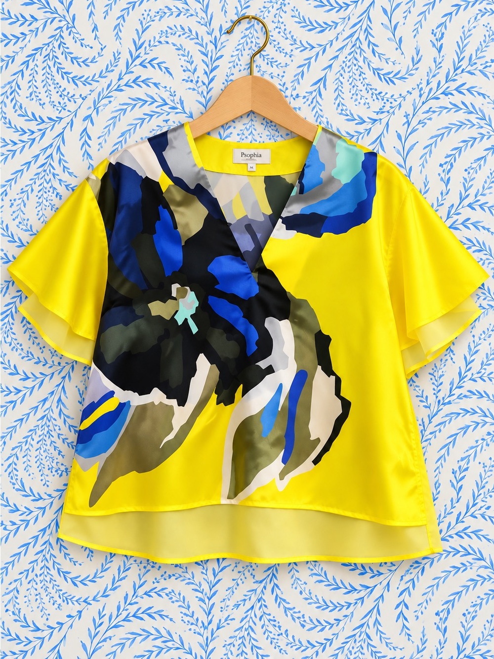 Psophia 100% silk Yellow Floral V-Neck Flutter Sleeve Blouse